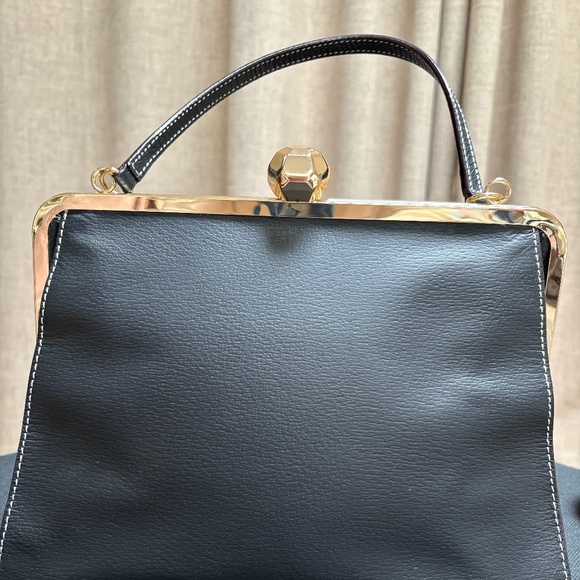 FRANCES VALENTINE BLACK DOCTOR-BAG HANDBAG (LEATHER + GOLD FRAME) - Picture 2 of 5